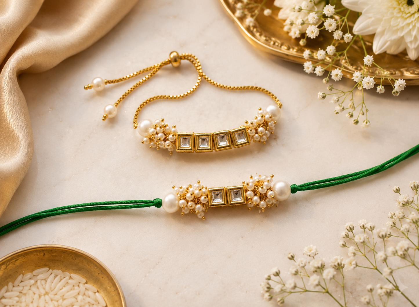 Premium Kundan Pearl Bhaiya Bhabhi Rakhi Set with Roli Chawal for Raksha Bandhan