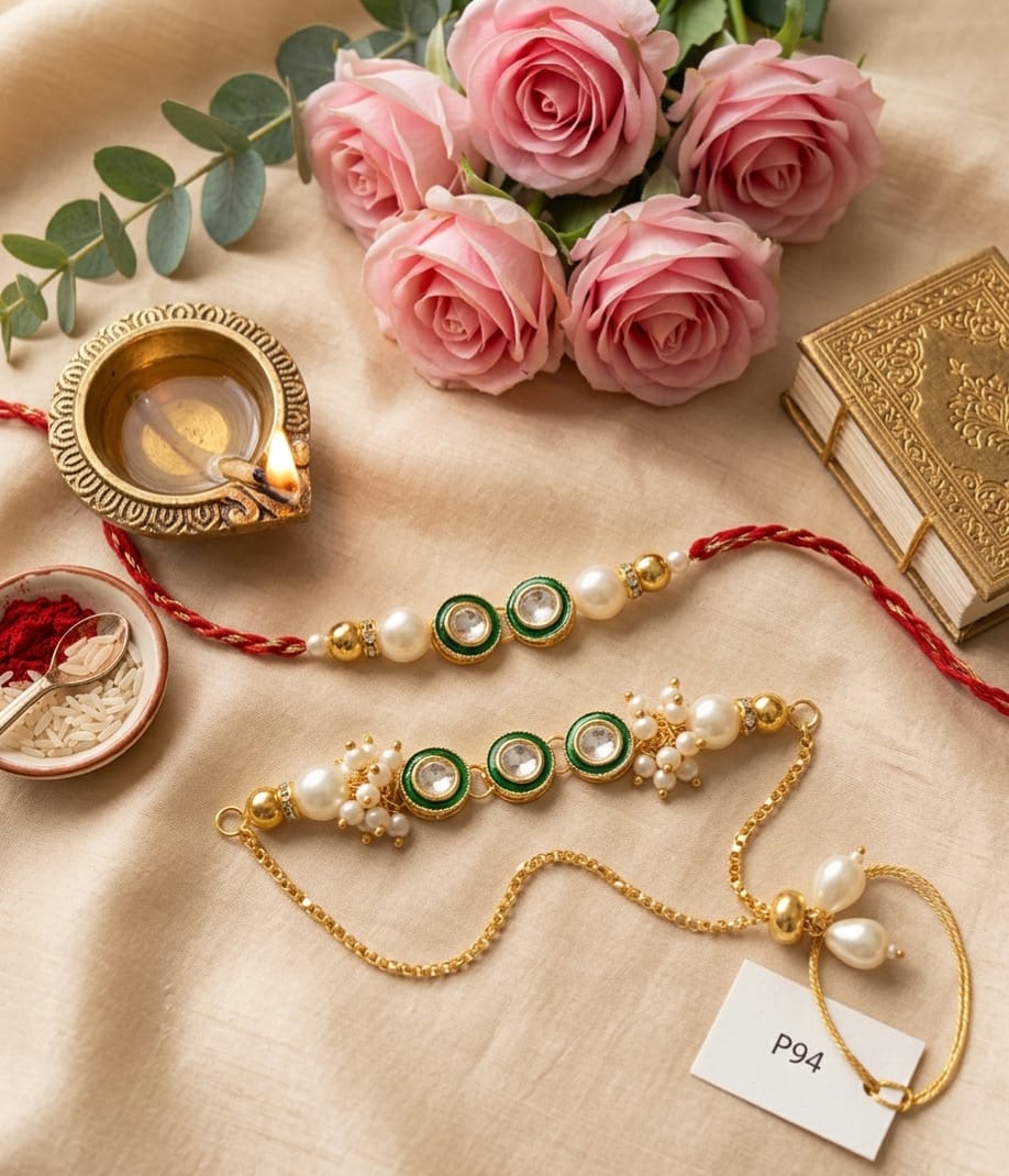 Handmade Kundan Pearl Lumba Rakhi Set for Brother and Bhabhi with Roli Chawal