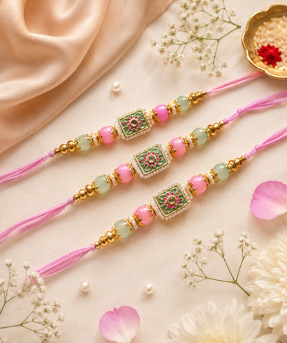 Handmade Kundan Pearl Pink Designer Rakhi for Brother with Premium Stone Work