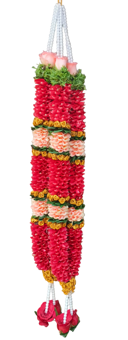 Close-up of rose flowers arranged in a handmade wedding jaimala for bride and groom