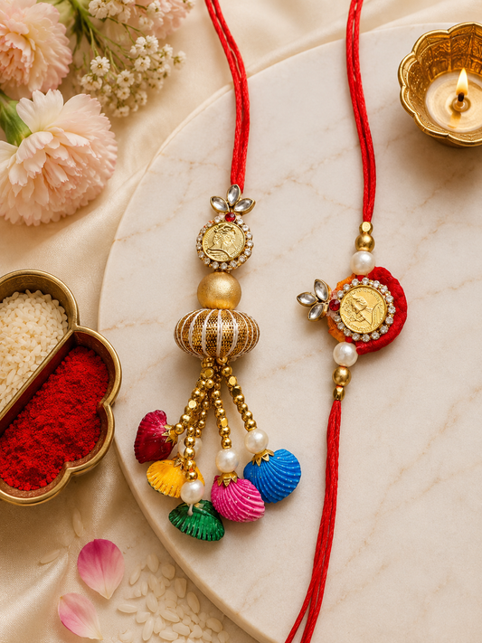 Touch of Tradition Shell Gota Work Bhaiya Bhabhi Rakhi Set with Designer Lumba Rakhi