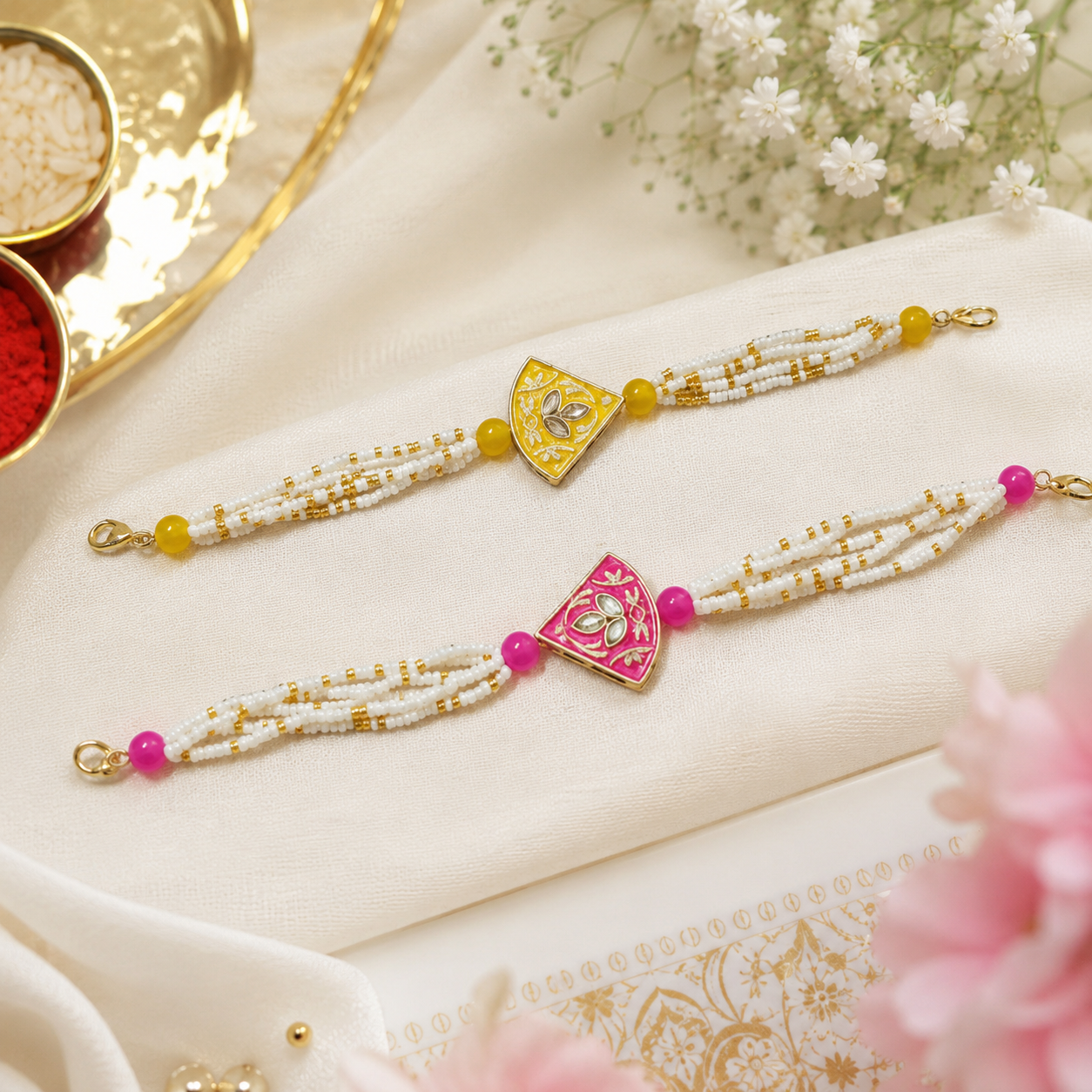 Handmade Yellow and Pink Meenakari Bracelet Rakhi with Moti Pearls for Raksha Bandhan