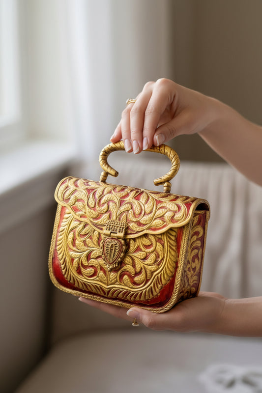 Heritage gold Meenakari brass clutch bag with royal traditional design