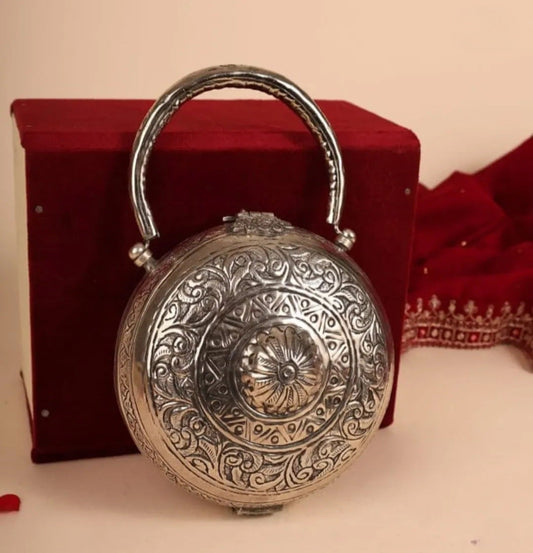 Heritage stylish silver brass metal clutch with handcrafted detailing