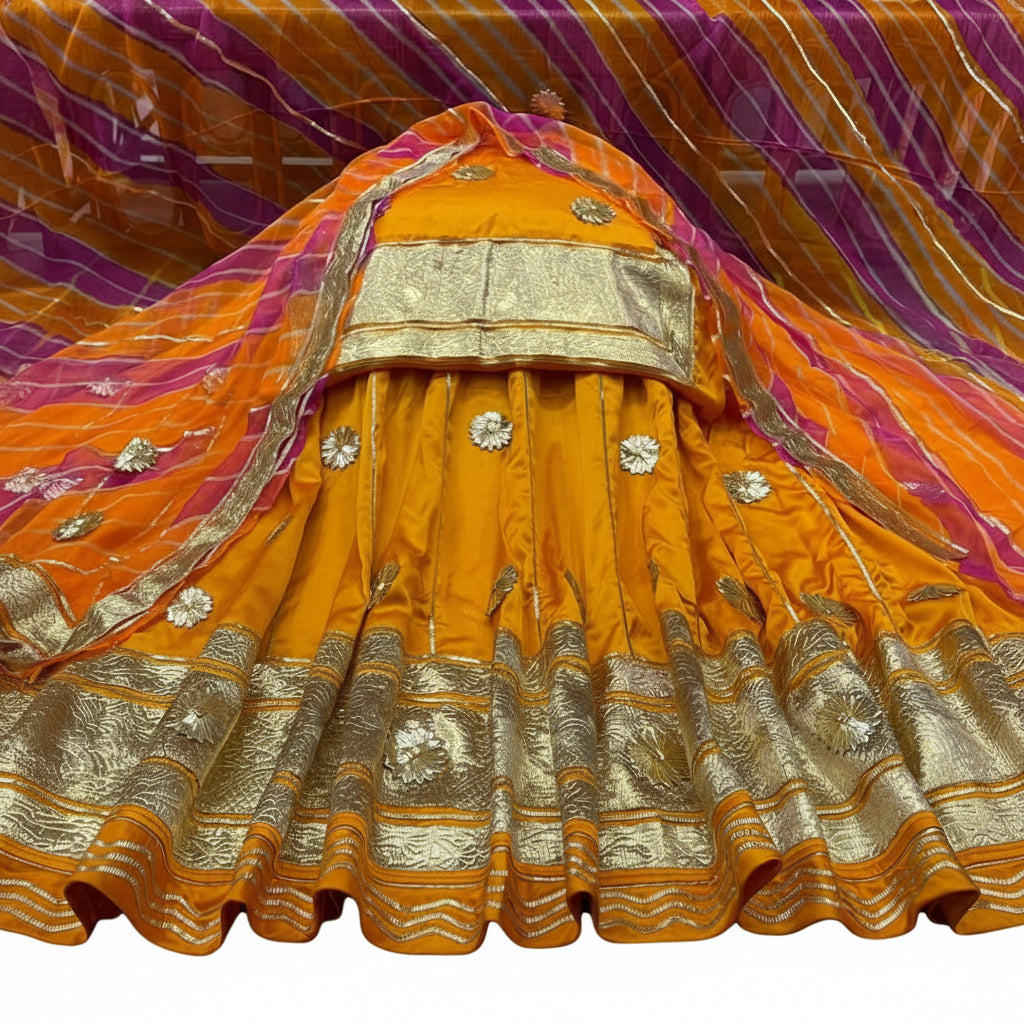 Humrai Pure Odhni paired with Rajputi Lehriya satin suit
