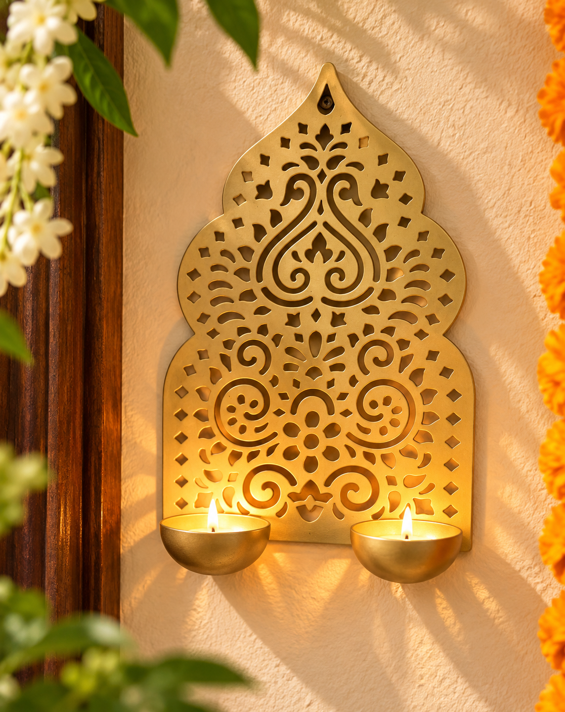 Jharokha tea light holder wall decor with two diya holders and intricate cutwork