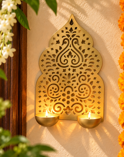 Jharokha tea light holder wall decor with two diya holders and intricate cutwork