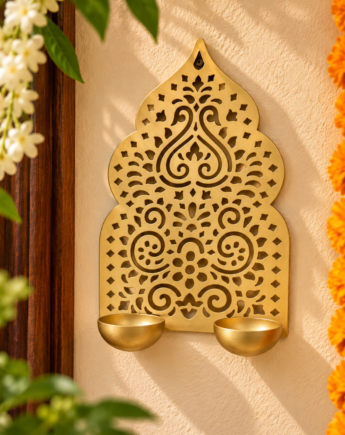 Jharokha wall mounted diya holder with two tea light holders for traditional Indian decor