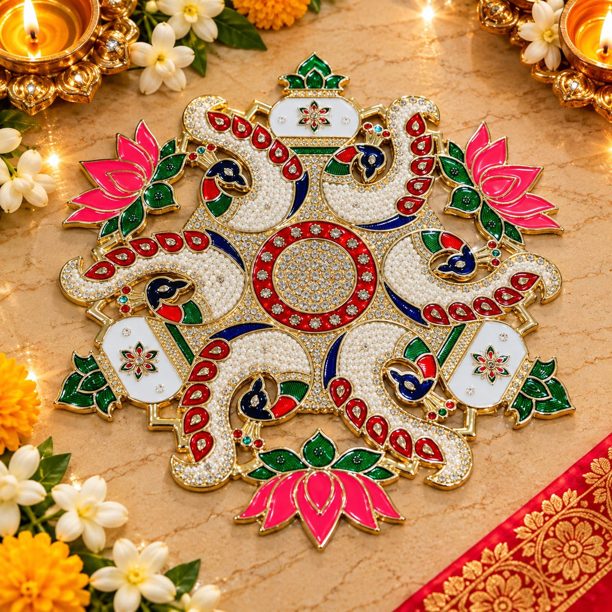Kalash Lotus Peacock acrylic Rangoli platter for festive decoration