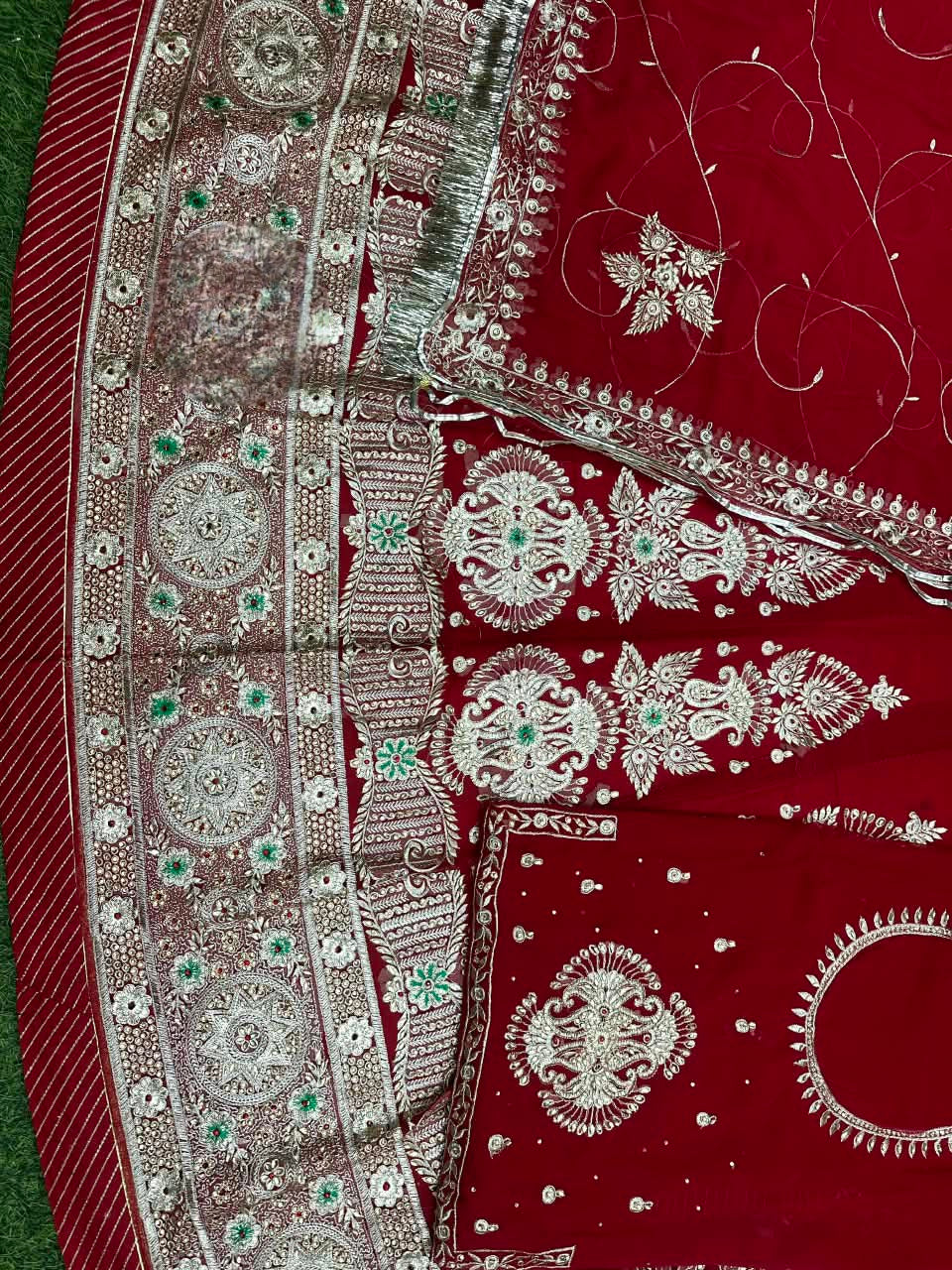 Karwa Chauth Poshak with heavily worked Odhni and traditional Gotta detailing