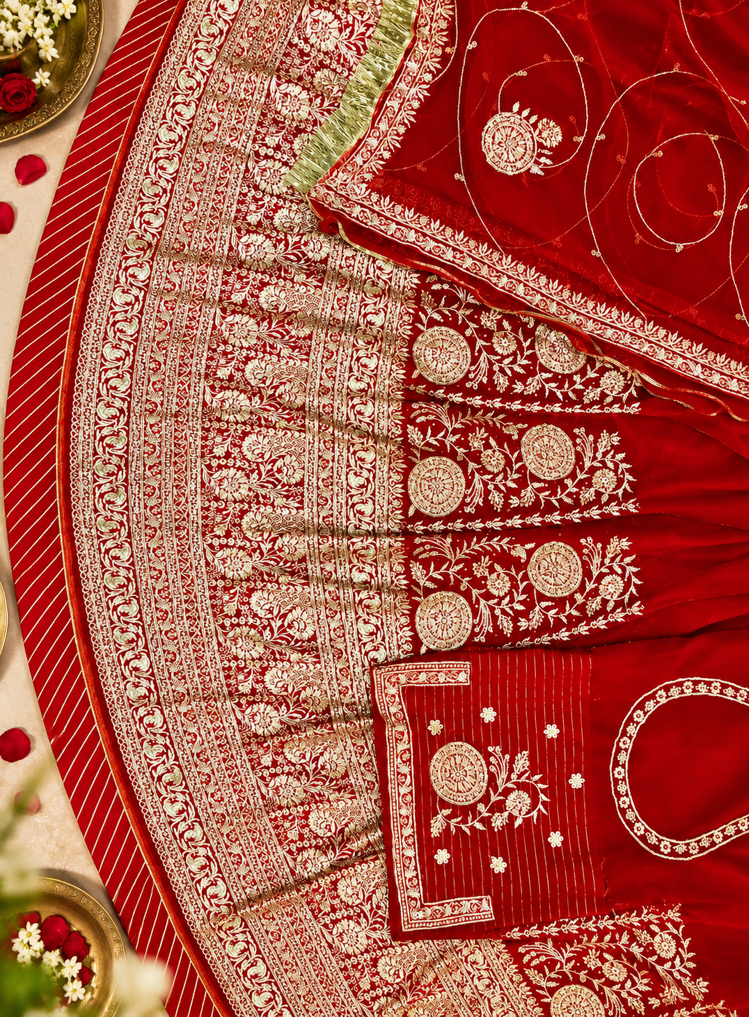 Red Rajasthani Poshak for women styled as a traditional Karwa Chauth outfit