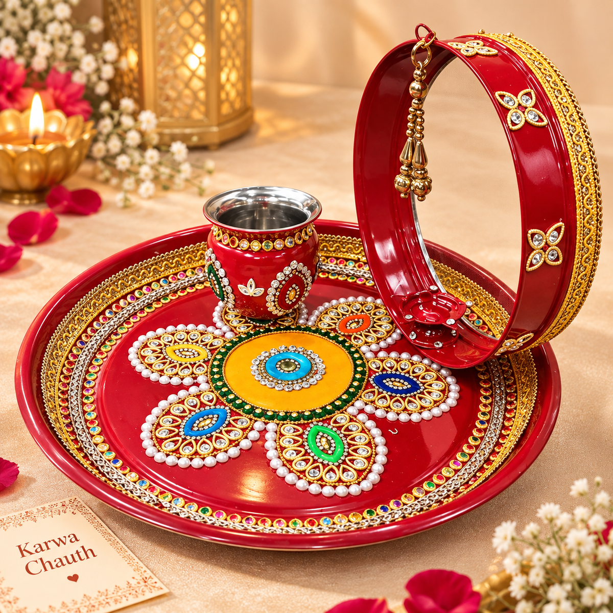 Karwa Chauth decorative steel puja thali set 14 inch