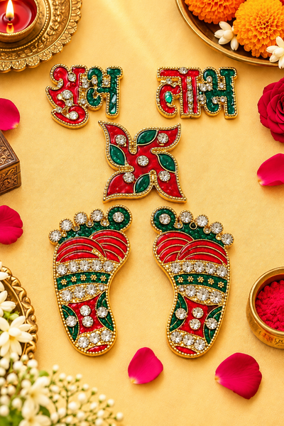 Lakshmi Ji Charan Paduka with Shubh Labh – Kundan Metal Diwali Pooja Decor