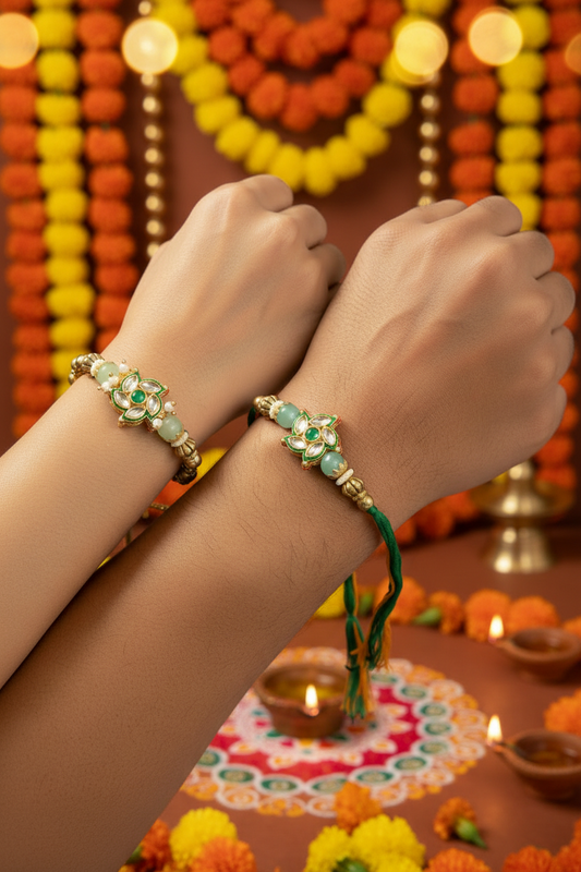 Kundan Work Bhaiya Bhabhi Rakhi Set in Red and Green with Designer Bracelet Rakhi