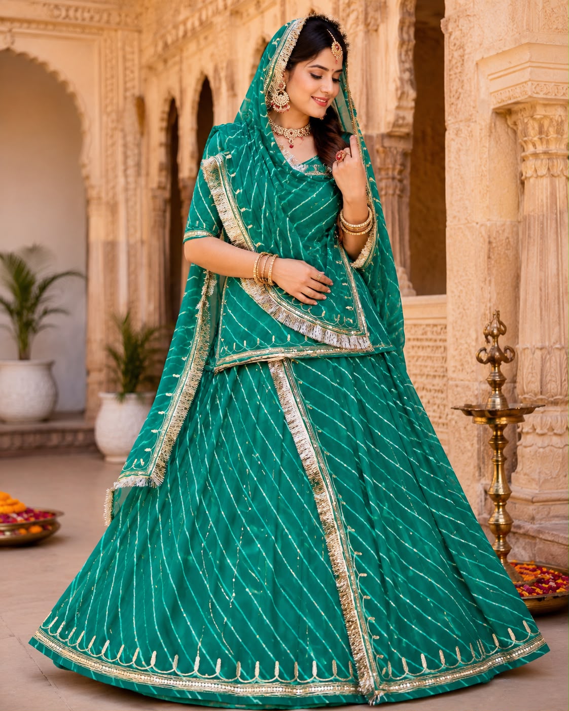 Complete Lahriya Rajputi Poshak with Astar Magji and Pure Odhani