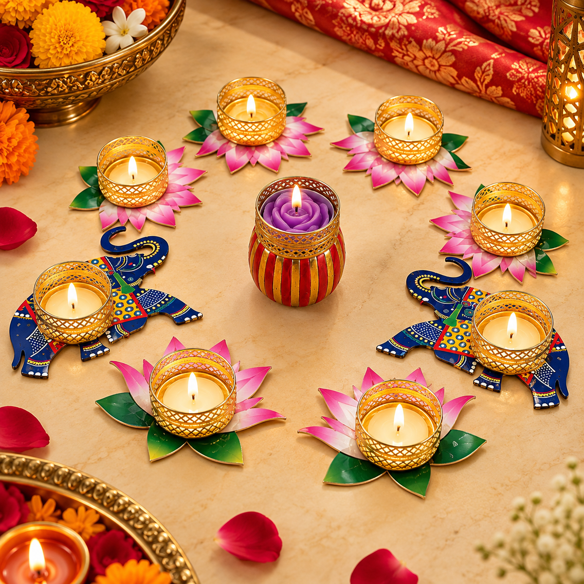 Lakshmi Elephant Lotus Tealight Rangoli for Diwali decoration