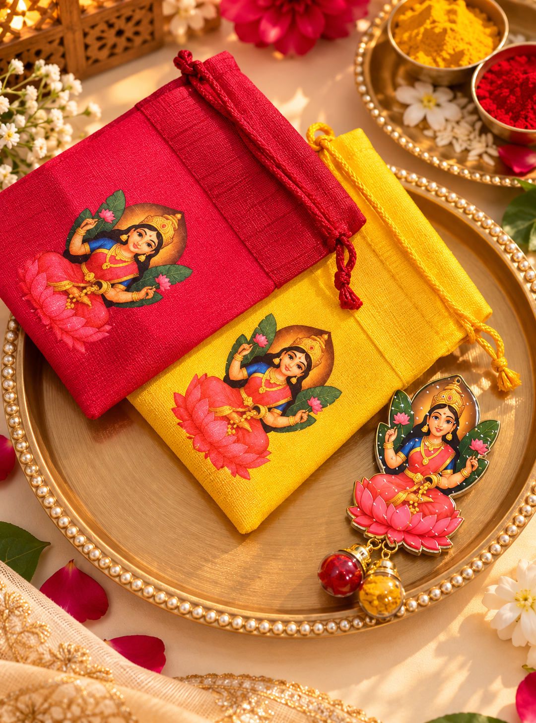 Lakshmi printed red potli with decorative hanging charm for festive gifting