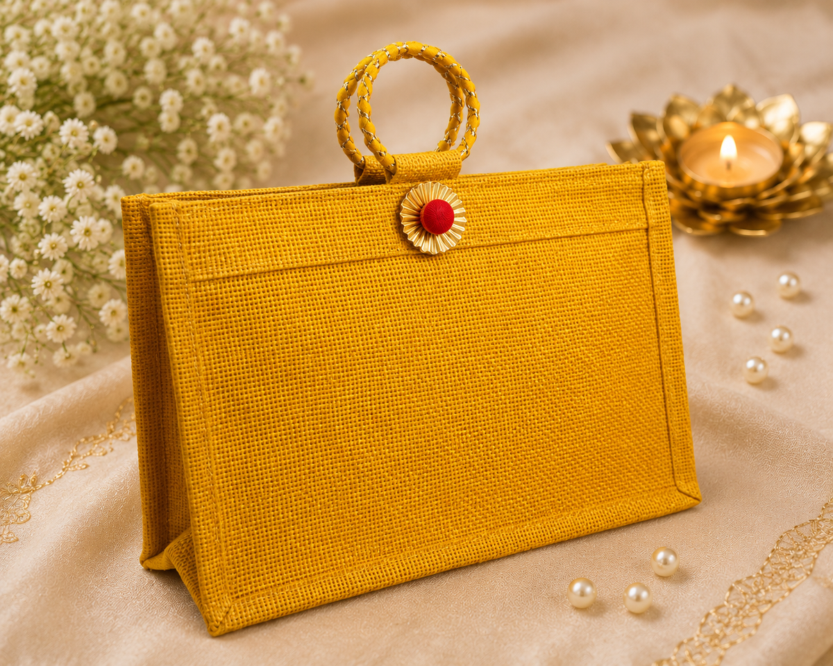 Large jute shagun bag featuring traditional gota detailing for Indian wedding gifting