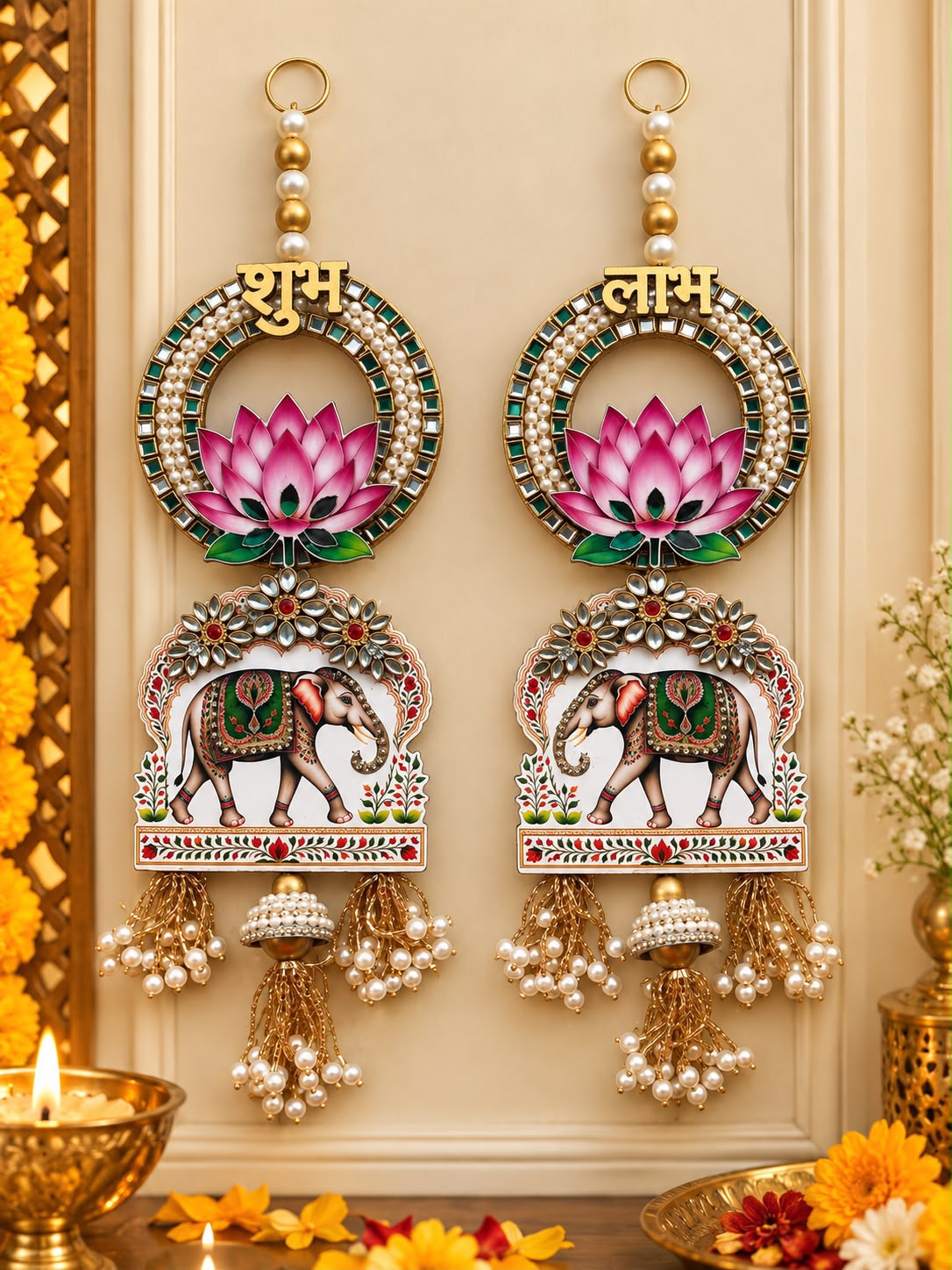 Lotus elephant designer Shubh Labh hanging pair 14 inch for Diwali and festive home decoration