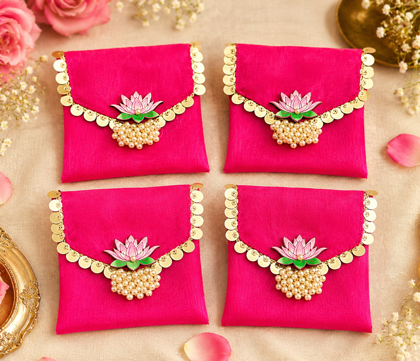 Lotus embellished organza coin pouch with Moti Latkan