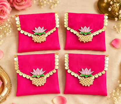 Lotus embellished organza coin pouch with Moti Latkan