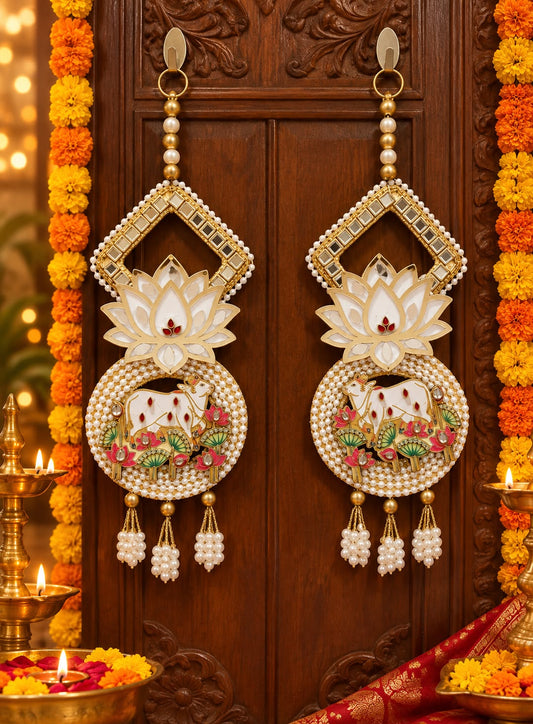 Lotus Pichwai design handcrafted hanging pair 12 inch for Diwali and festive wall decoration