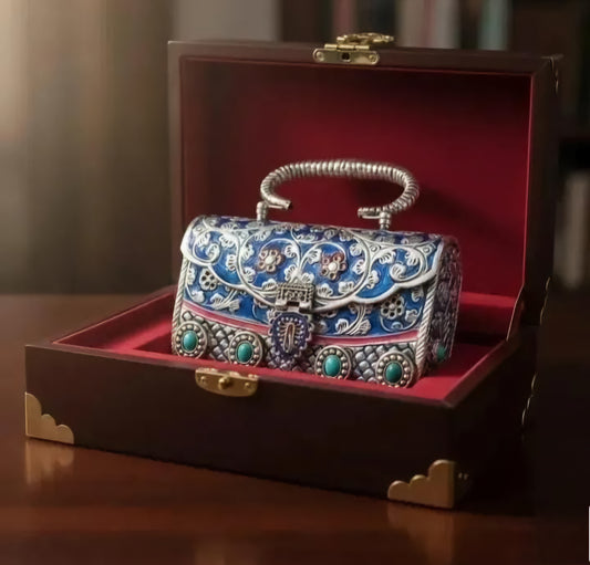 Luxury silver brass clutch with intricate Meenakari and Kundan work