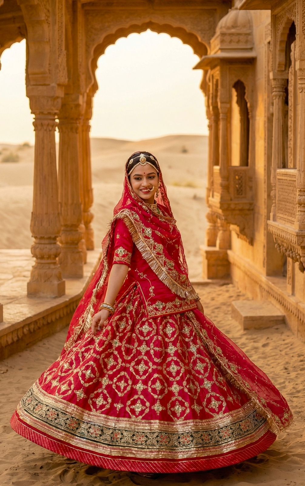 Luxury Rajputi poshak with 4 meter ghera Gold Crush lehenga