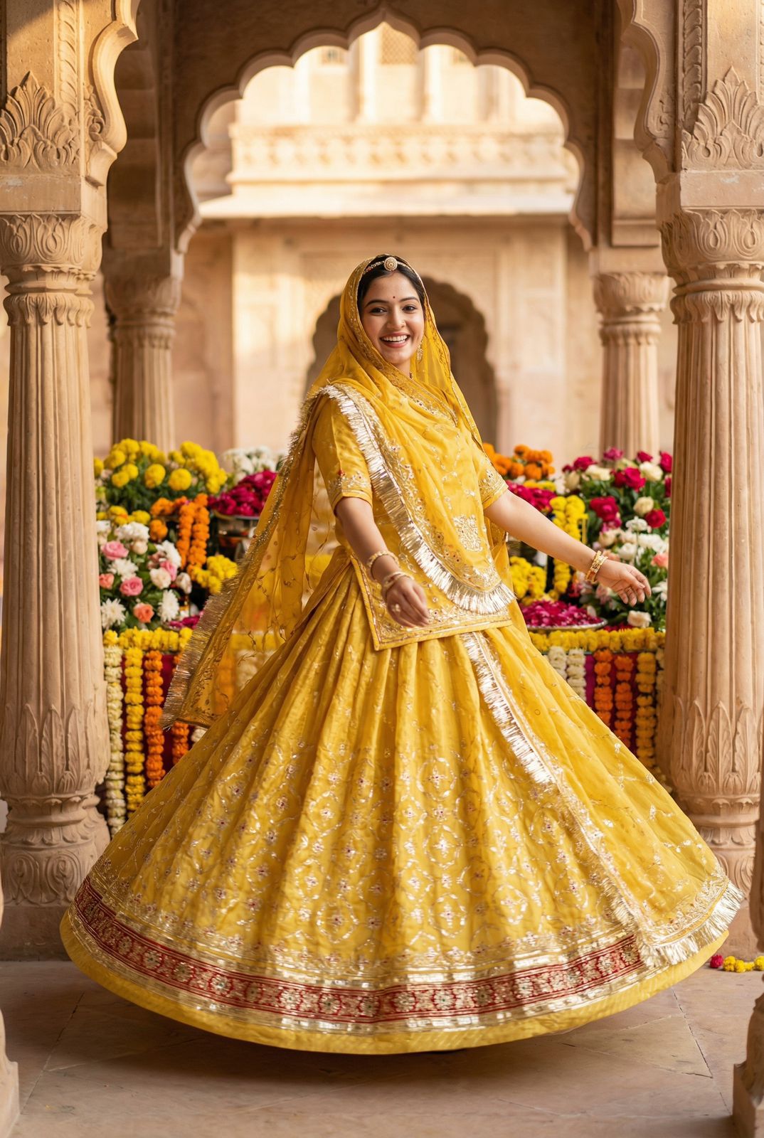 Yellow Gold Crush Rajputi poshak with traditional lehenga