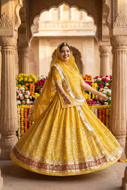Yellow Gold Crush Rajputi poshak with traditional lehenga