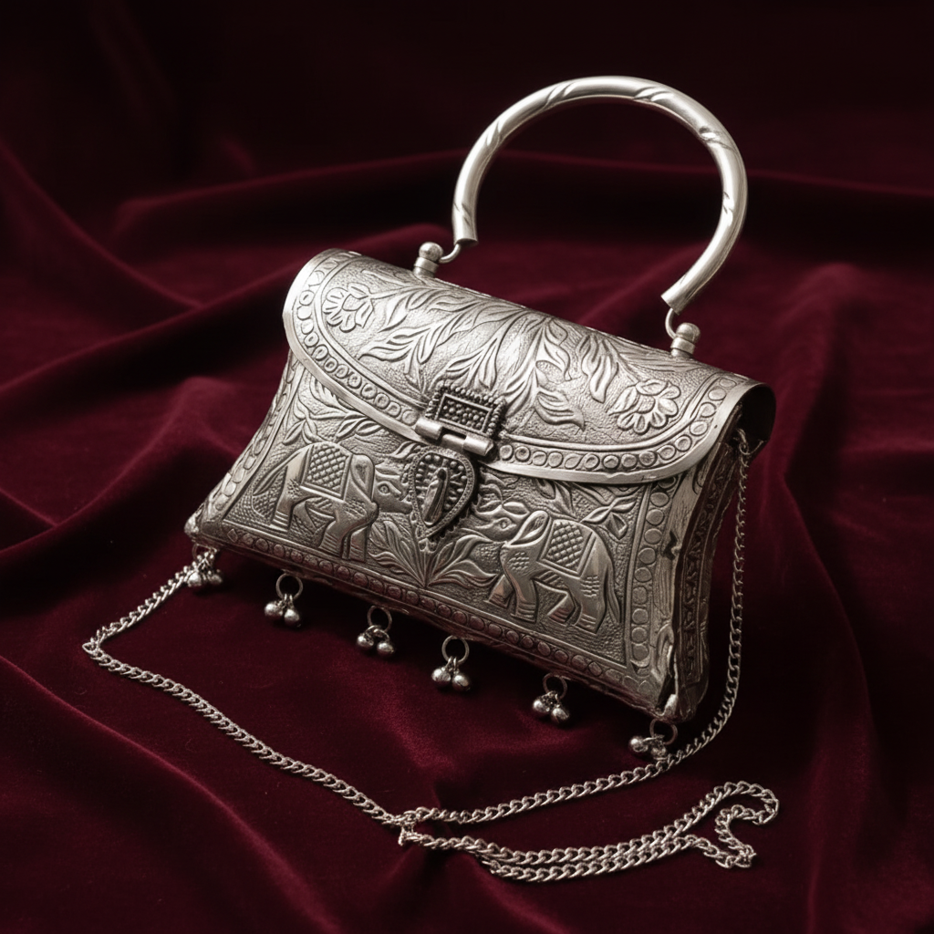Maharani style elephant brass clutch styled for an ethnic wedding