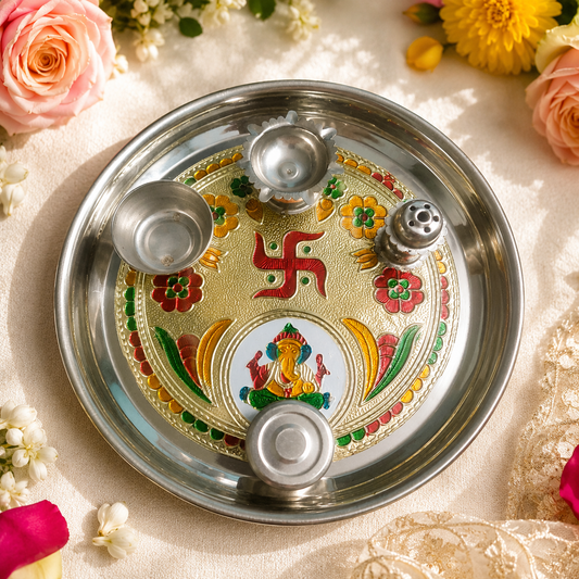 Meena Kari Steel Puja Thali 12 Inch with Meenakari design and puja bowls