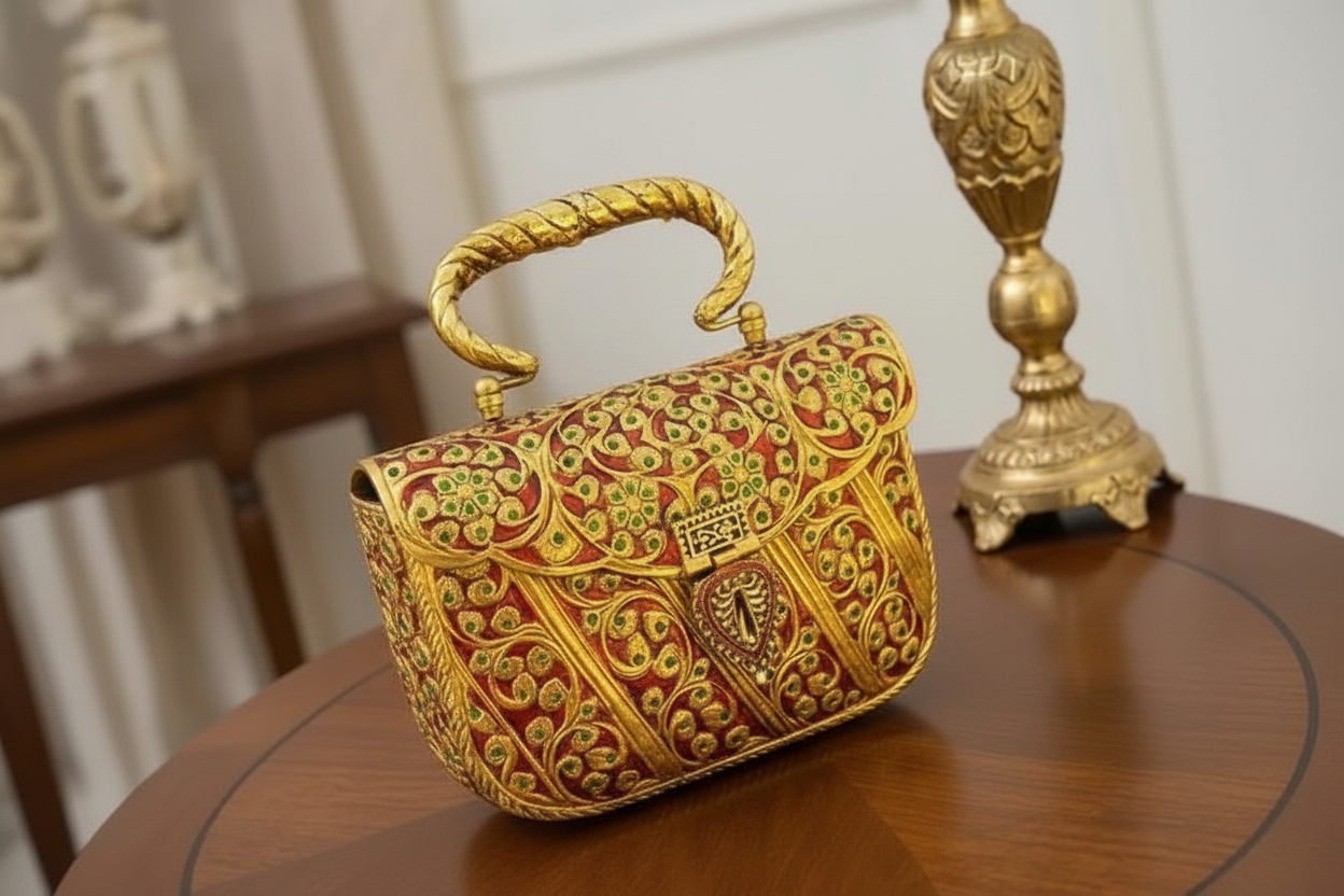 Meenakari brass clutch bag with sling for weddings and festive occasions