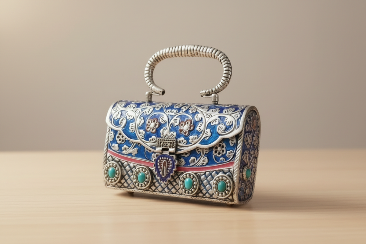 Meenakari and Kundan ethnic clutch styled for a wedding occasion