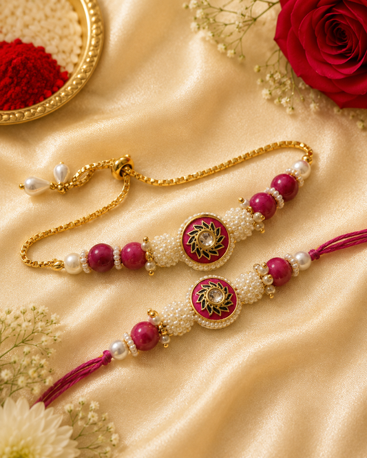 Meenakari Moti Bhaiya Bhabhi Rakhi Set with Designer Bracelet Rakhi for Raksha Bandhan