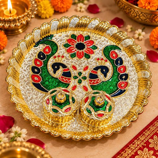 6-inch Meenakari peacock design metal pooja thali with two built-in roli chawal and kumkum holders