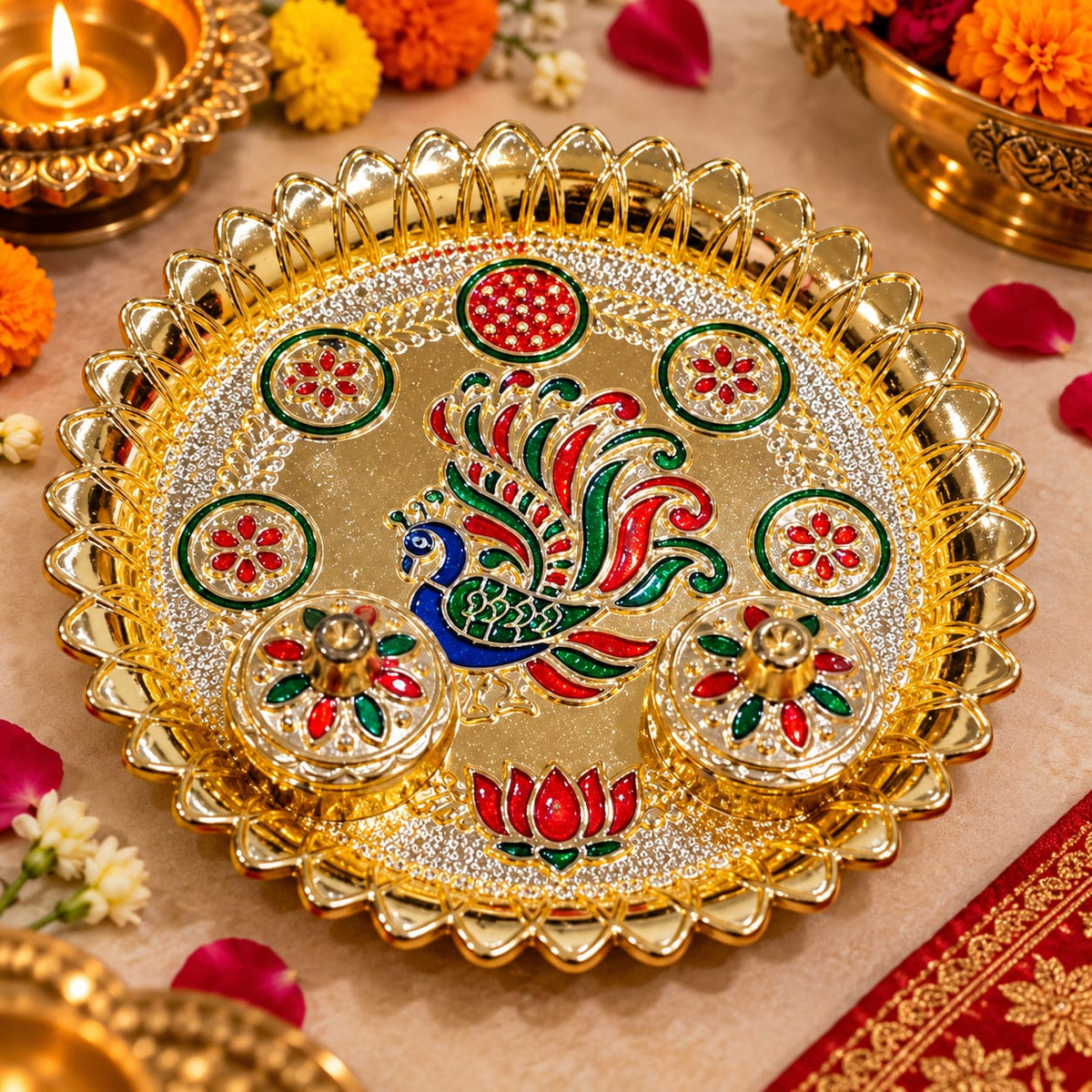 Decorative Meenakari peacock design pooja thali with roli chawal holders for Indian puja and traditional South Indian pooja thattu rituals