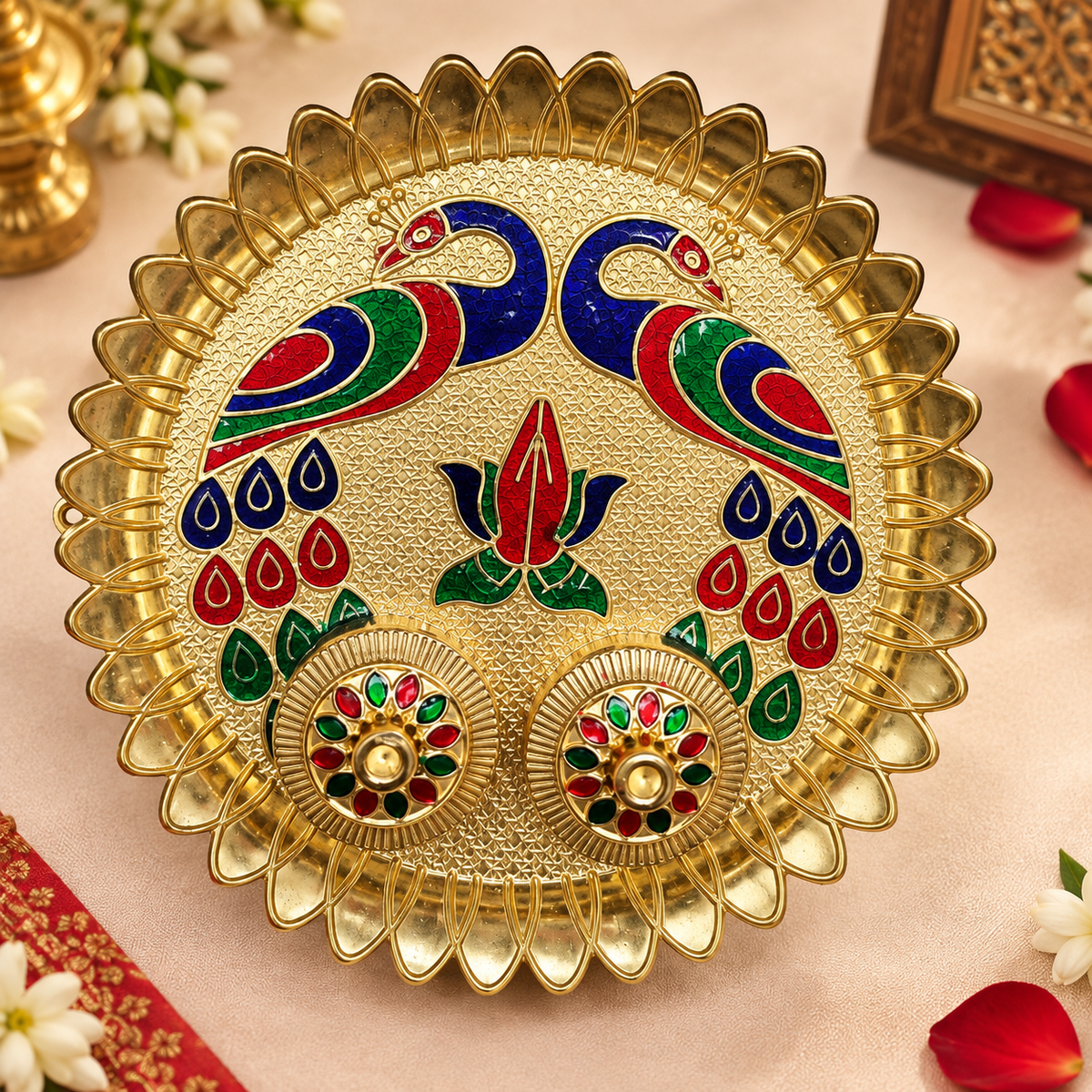 Decorative Meenakari Puja Thali with Peacock Design