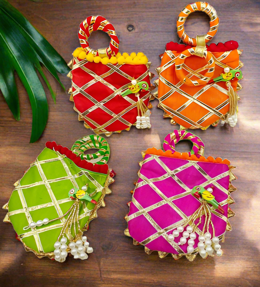 Pack of 2 mini shagun potli bags with chudi handles and parrot tassels