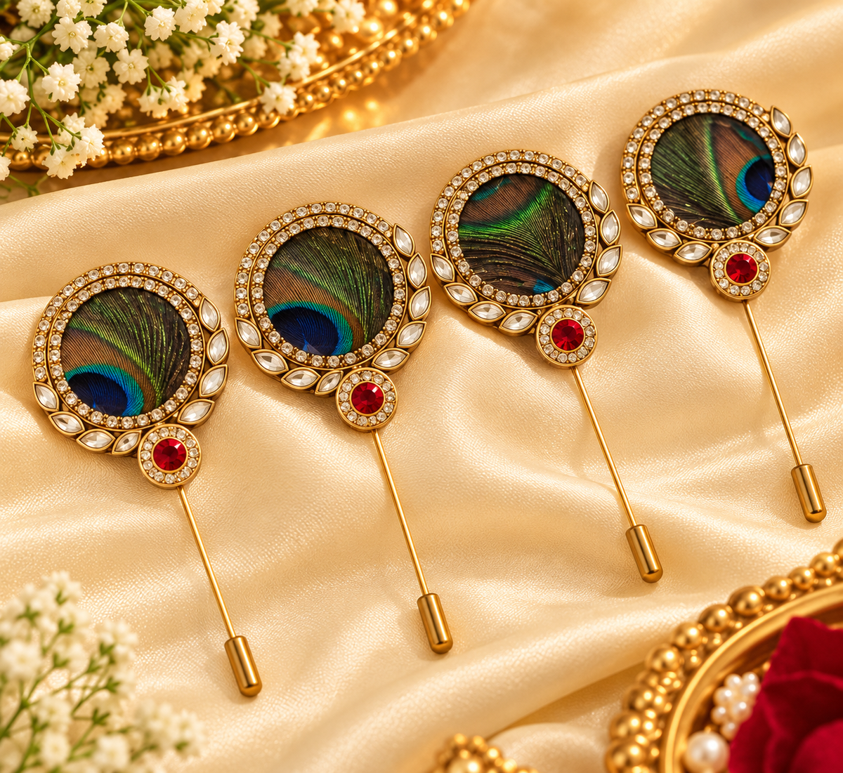 Close-up of a peacock feather brooch with crystal embellishments and gold-tone pin detailing