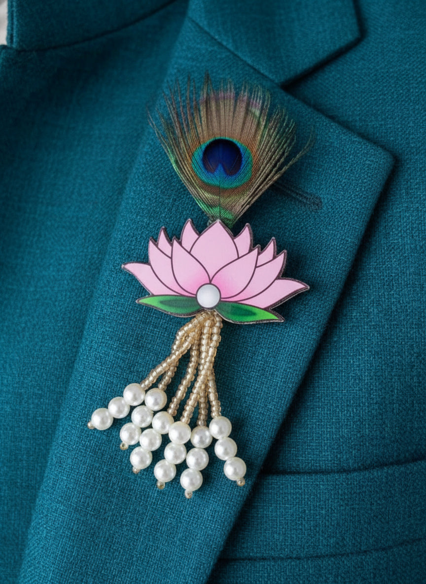 Mor pankh lotus welcome brooch with peacock feather-inspired detailing for Indian wedding guest swagat, baraat welcome, and traditional ceremonies, pack of 50