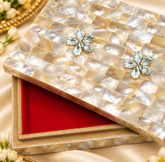 Mother of Pearl Gaddi Box with iridescent mosaic lid and red velvet interior