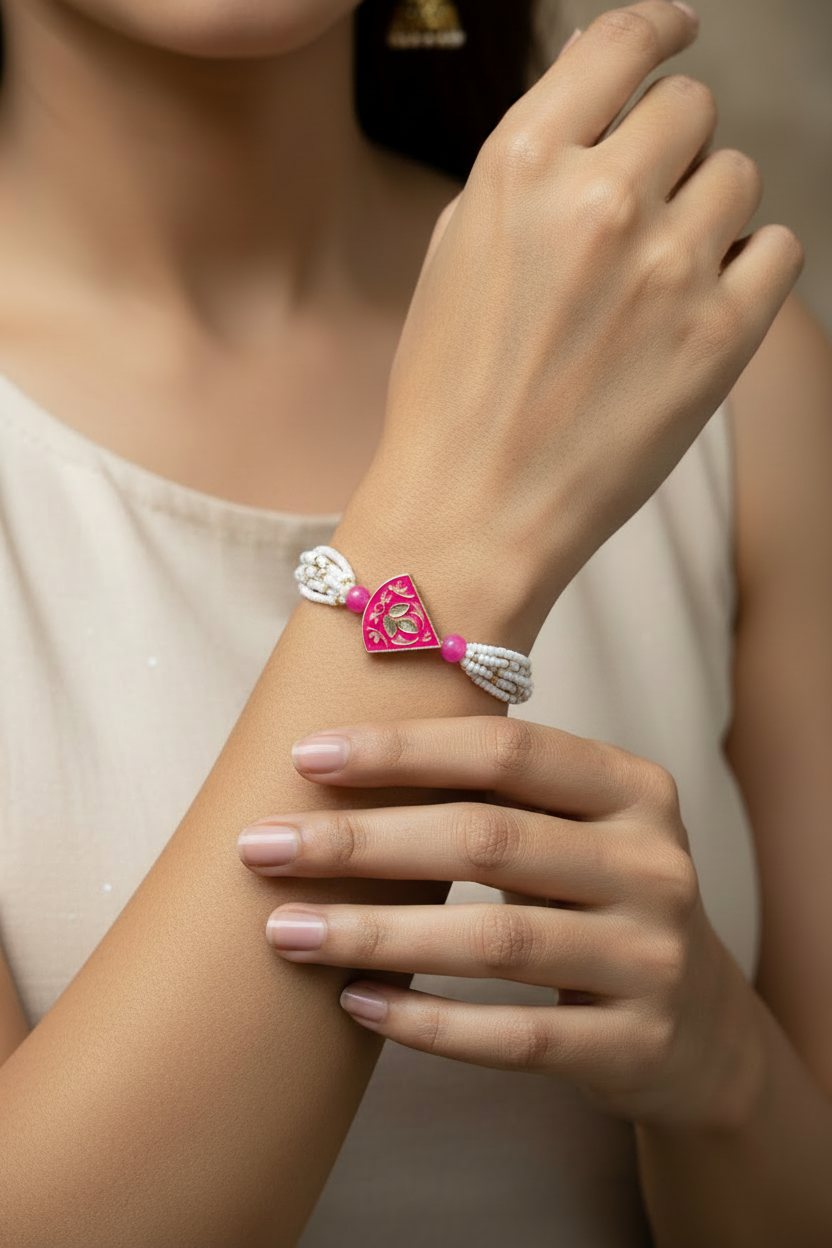 Moti Meenakari Bracelet Rakhi for Brother in Yellow and Pink with Pearl Detailing