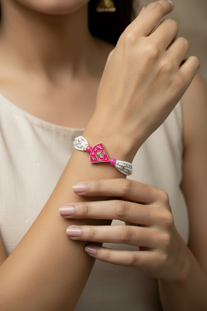 Moti Meenakari Bracelet Rakhi for Brother in Yellow and Pink with Pearl Detailing
