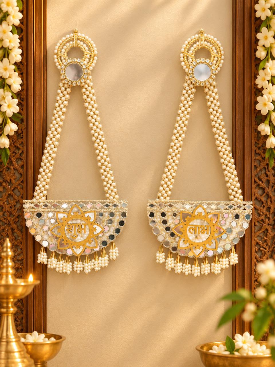 Moti pearl mirror work Shubh Labh hanging pair for Diwali and festive home decoration