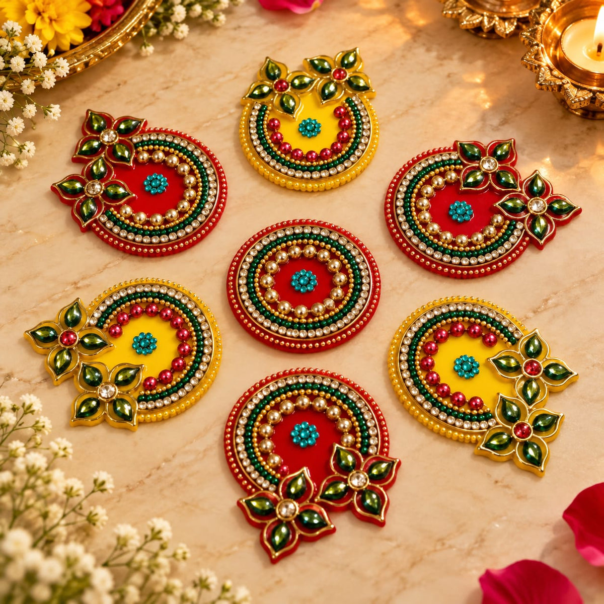 Multicolor floral acrylic Rangoli set for festive home decoration