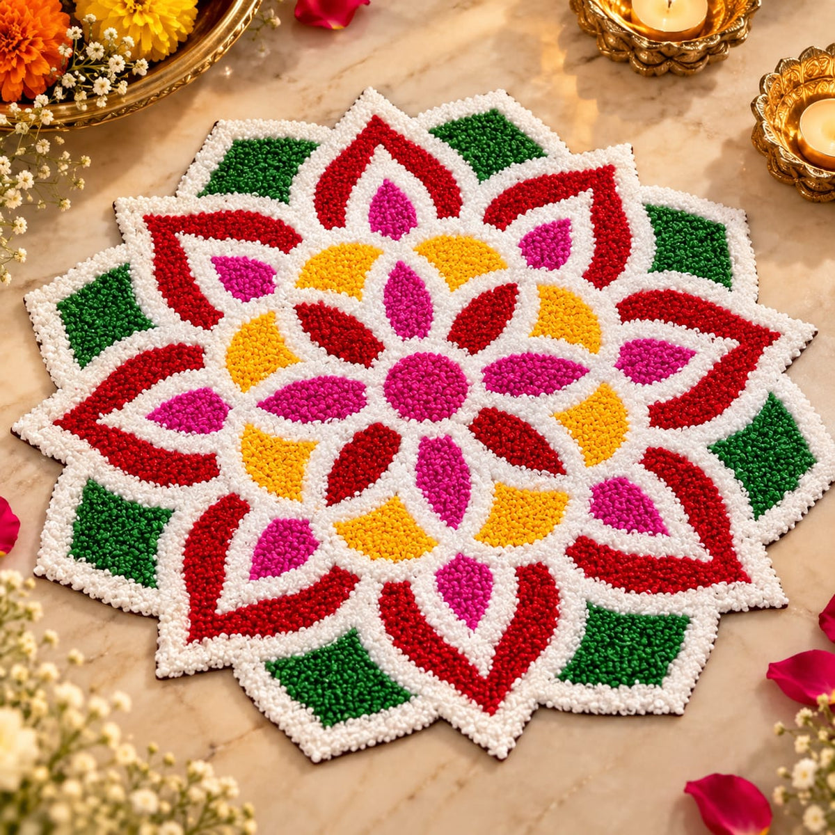 Multicolor fur Rangoli mat in 11-inch size for festive decoration