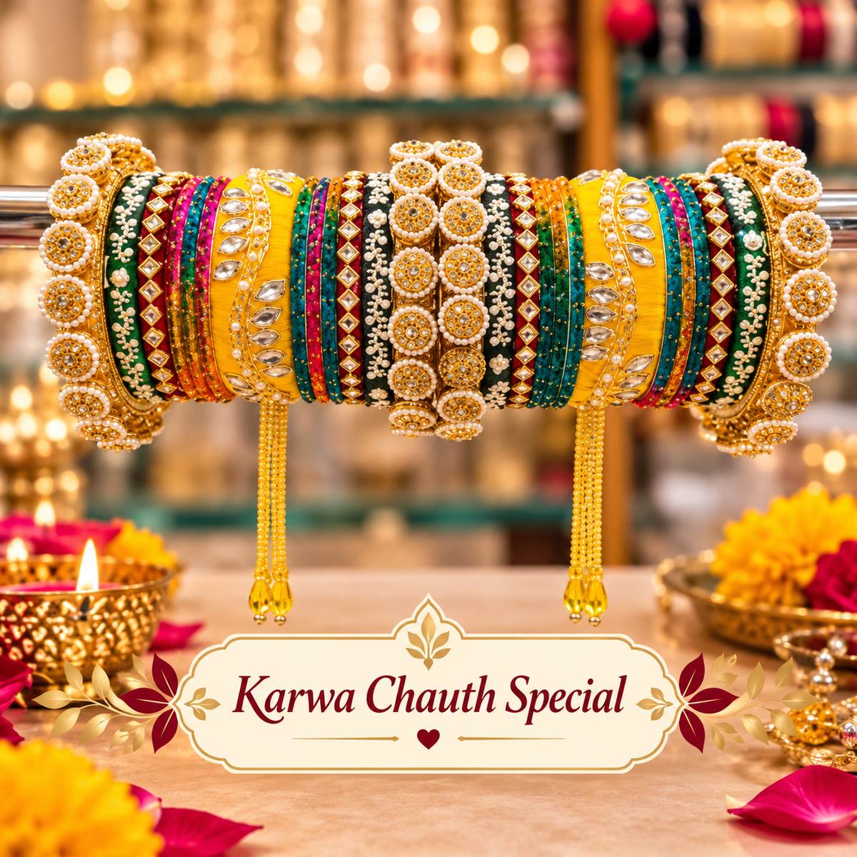 Multicolor Rajputi chooda for Karwa Chauth with gold detailing and hanging yellow tassels