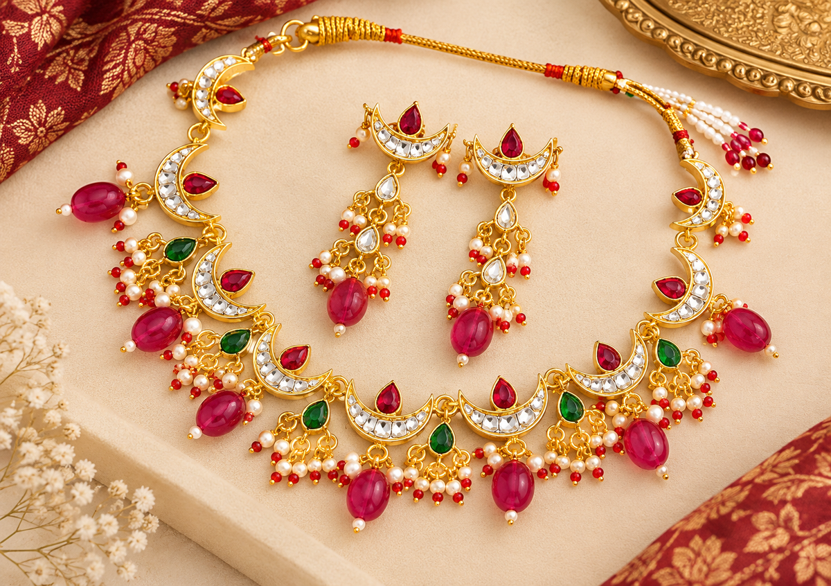 Traditional gold-tone crescent necklace with pink and green accents, pearl-style bead drops and matching earrings