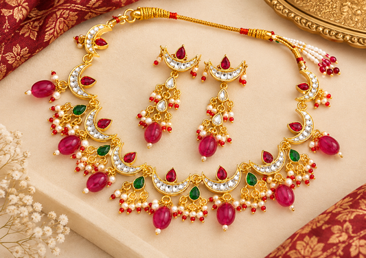 Traditional gold-tone crescent necklace with pink and green accents, pearl-style bead drops and matching earrings